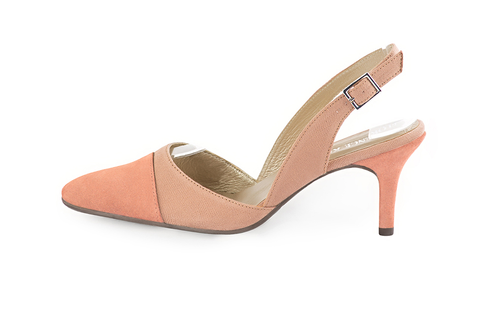 Women's peach elegant slingback heels. Tapered toe. High slim heel - Profile view